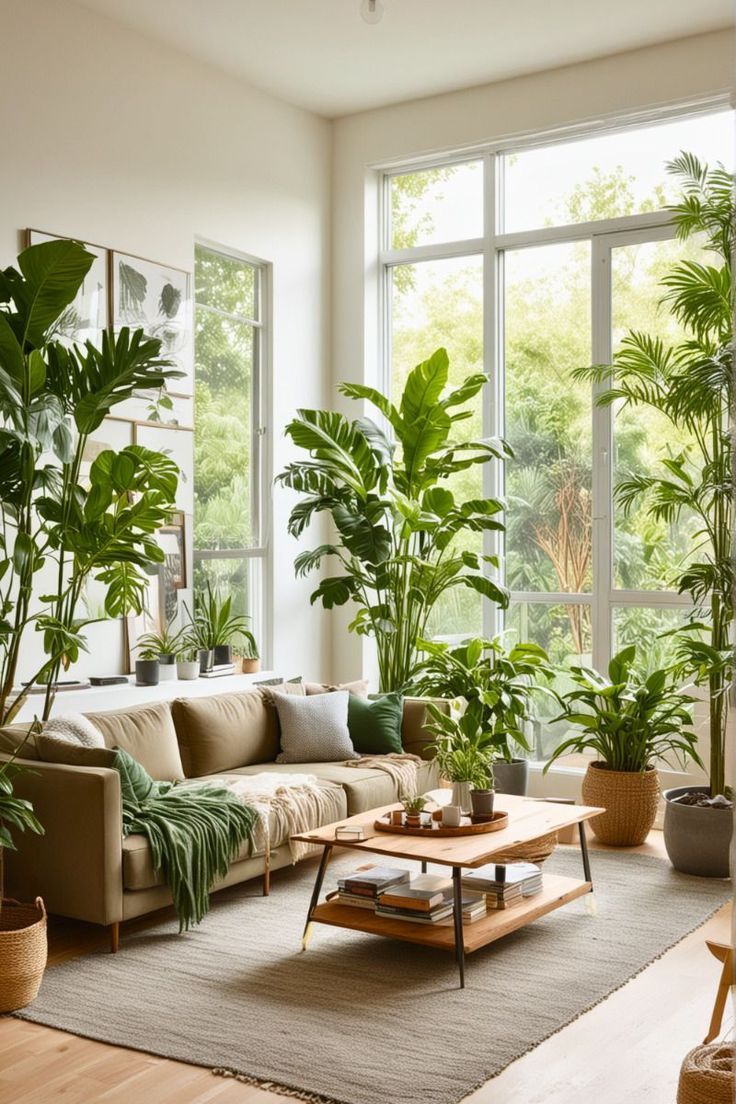 Phần này chứa: Modern indoor plants like snake plants, monstera, and fiddle leaf figs, adding style and freshness to a contemporary living space."